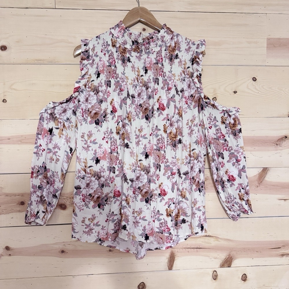 Entro Womens Large Floral Cold Shoulder Blouse Rayon Ruffle Boho Top